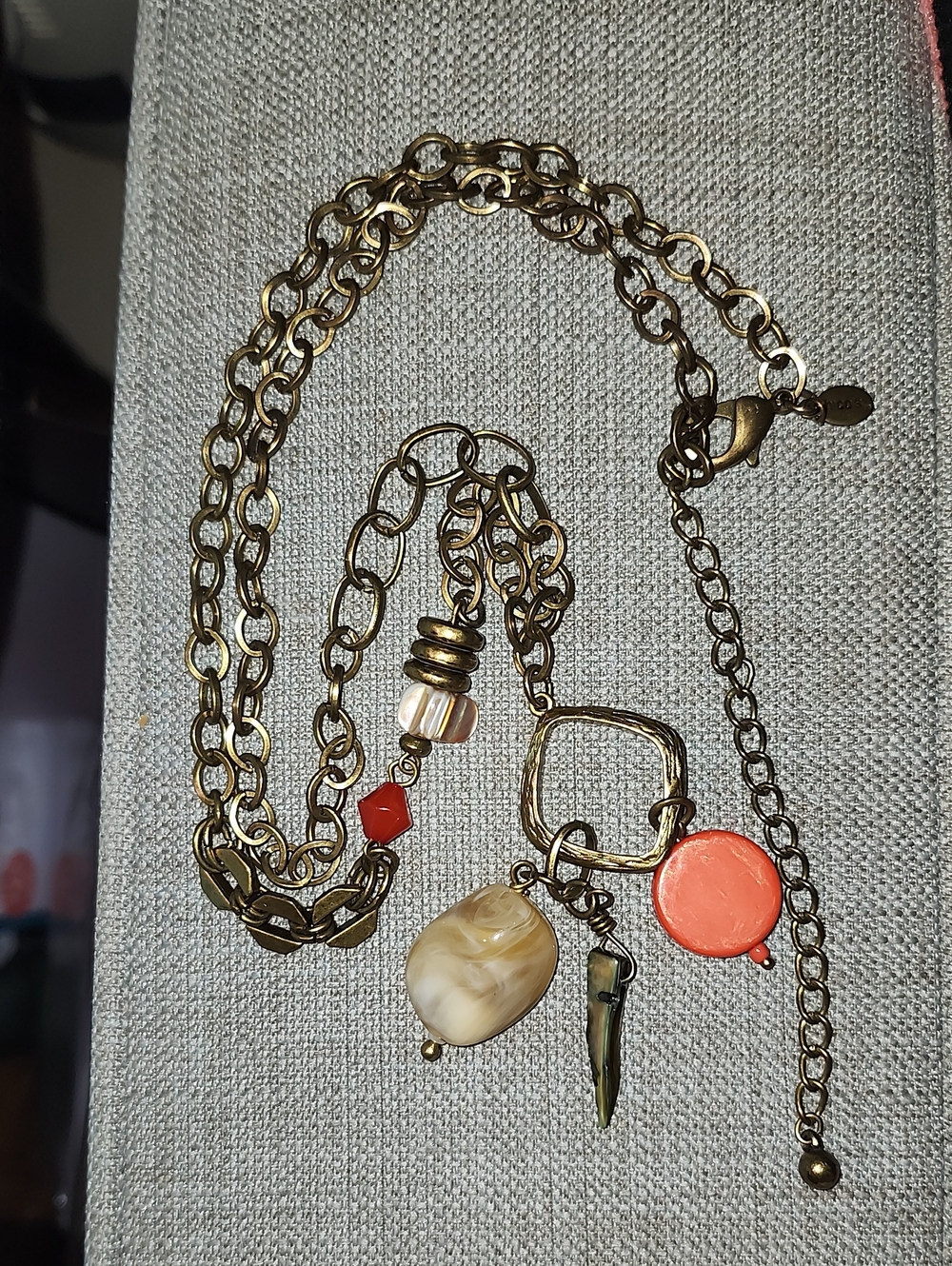 Chico's Gold-Tone Layered Necklace with Coral and Cream Charms